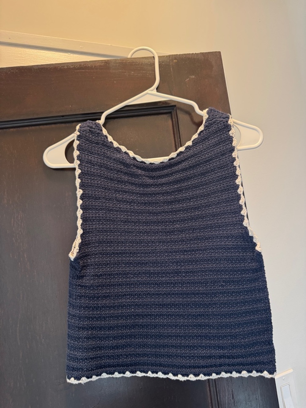 Crocheted Navy Tank Top with White Trim, Low Back